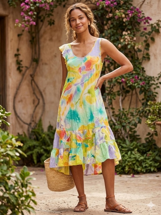 Jams World Dresses & Skirts - JAM’S WORLD Multicolor Floral  Ruffle Hem Midi Dress Koi Pond Made Hawaii (104)